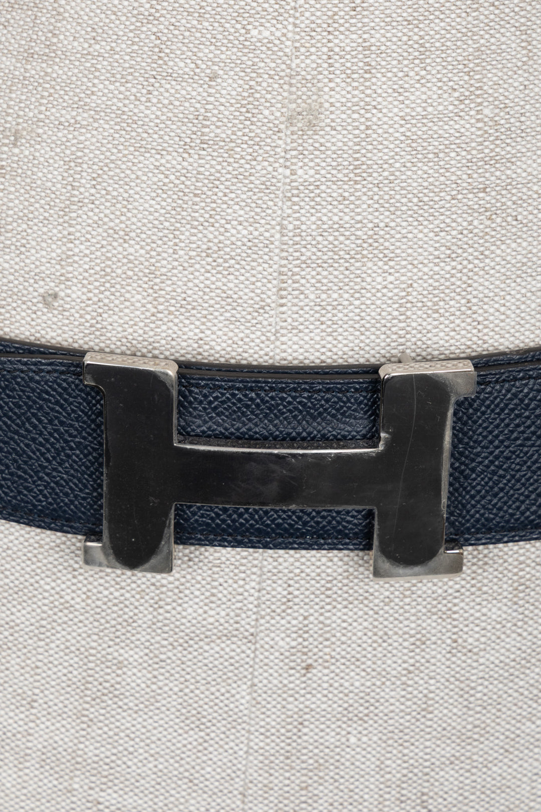 HERMÈS Constance H Belt Epsom Palladium Bleu Blanc