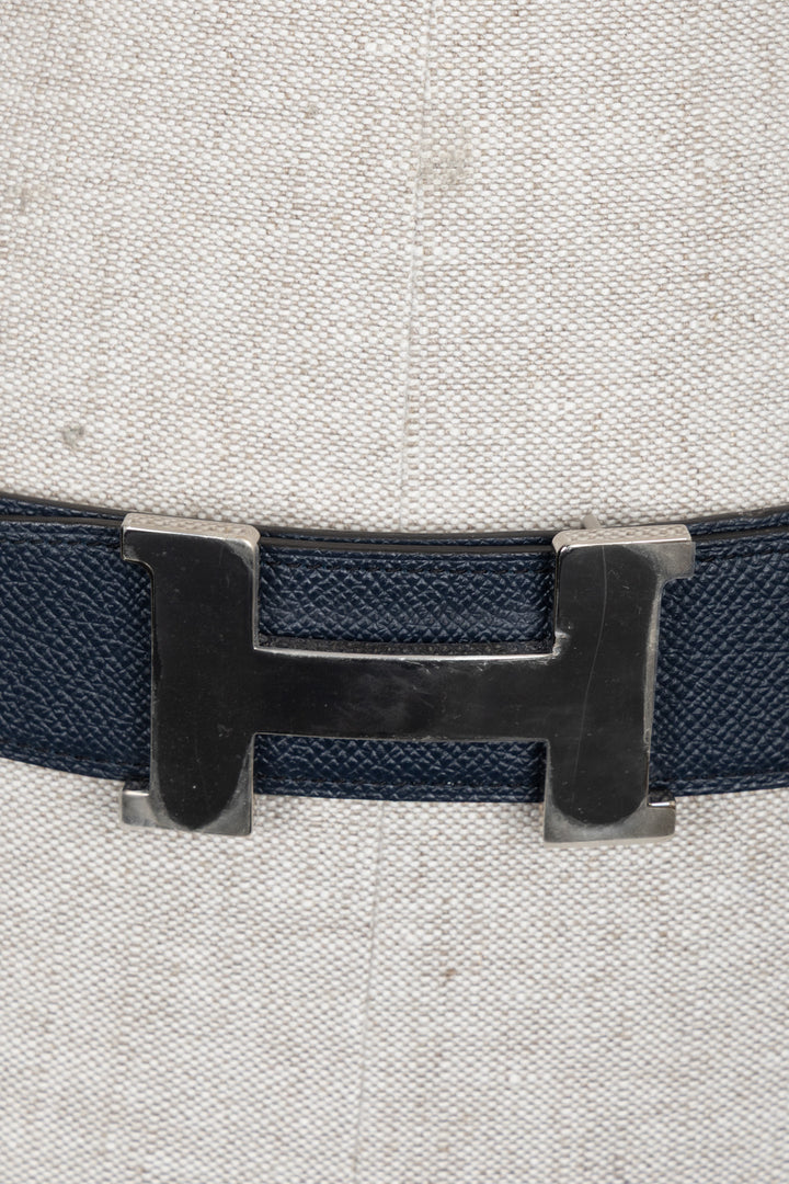 HERMÈS Constance H Belt Epsom Palladium Bleu Blanc