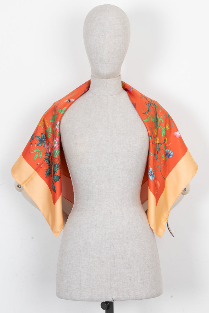 GUCCI Reversible Floral Silk Scarf Pink Orange