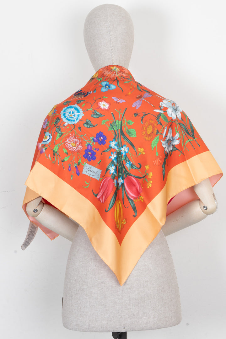 GUCCI Reversible Floral Silk Scarf Pink Orange