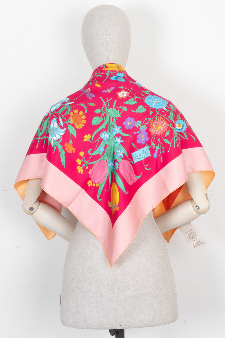 GUCCI Reversible Floral Silk Scarf Pink Orange