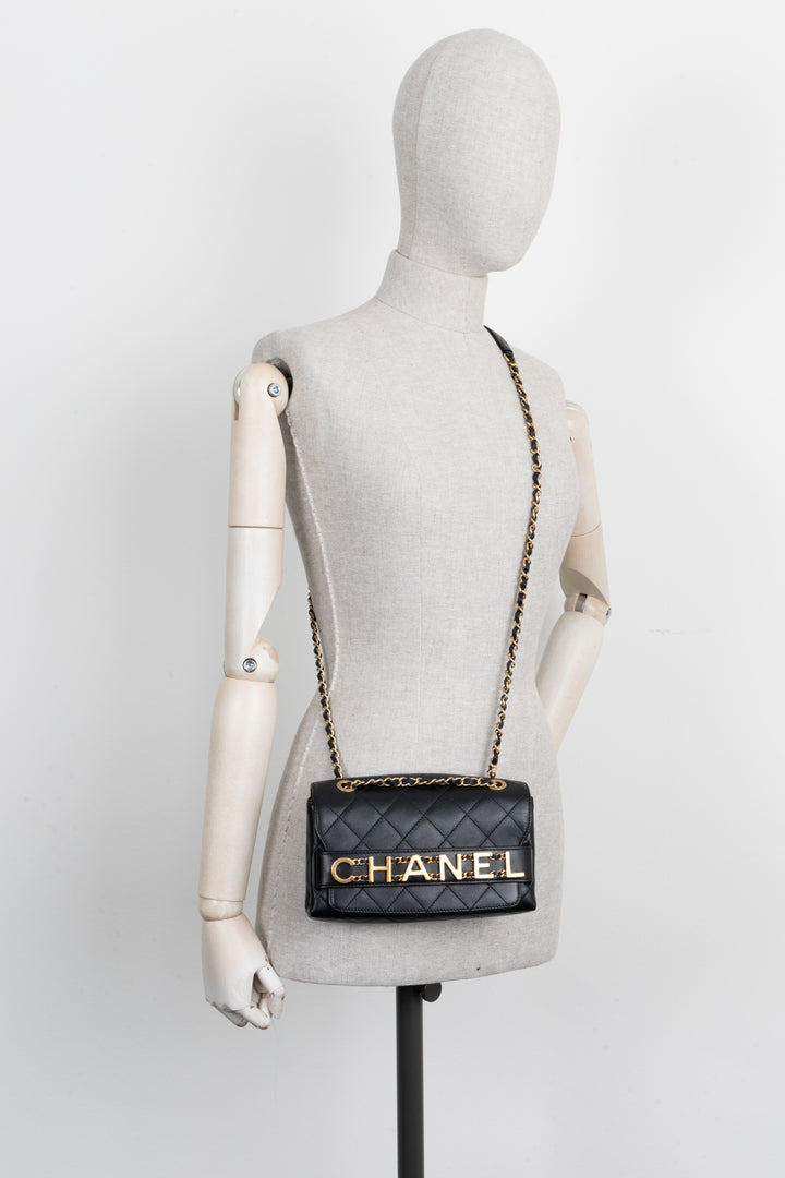 CHANEL Logo Enchained Flap Bag Black