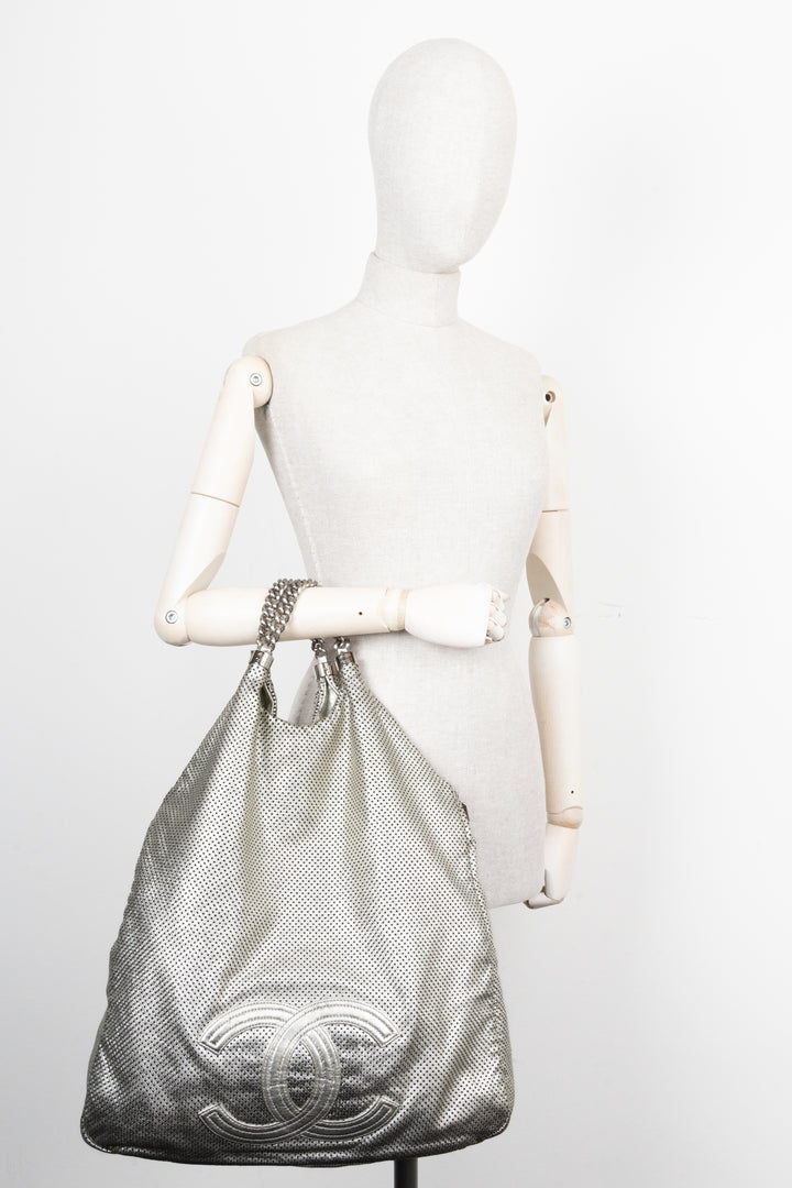CHANEL Perforated Rodeo Drive XL Hobo Bag Silver