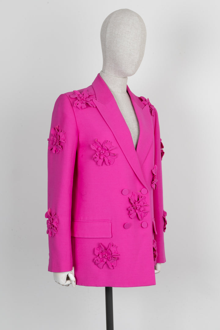 VALENTINO Crepe Couture Flower Embellished Blazer Pink