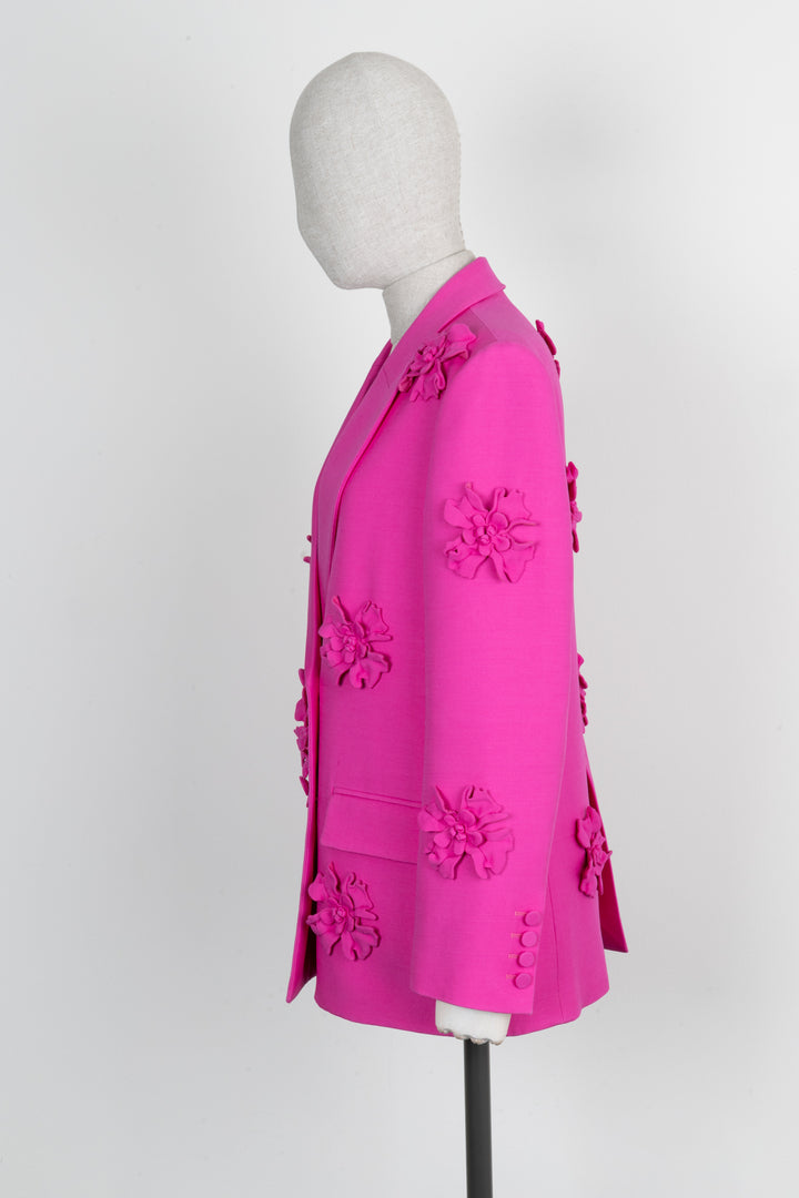 VALENTINO Crepe Couture Flower Embellished Blazer Pink