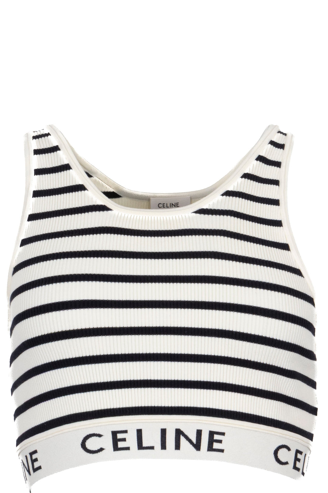 CELINE Striped Sleeveless Crop Tank Top Ivory Black