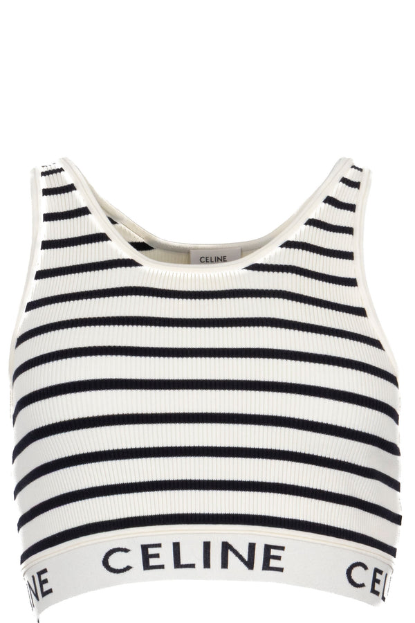 CELINE Striped Sleeveless Crop Tank Top Ivory Black