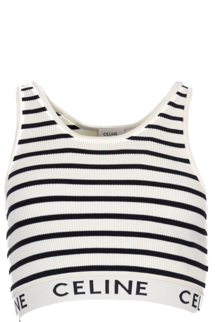 CELINE Striped Sleeveless Crop Tank Top Ivory Black