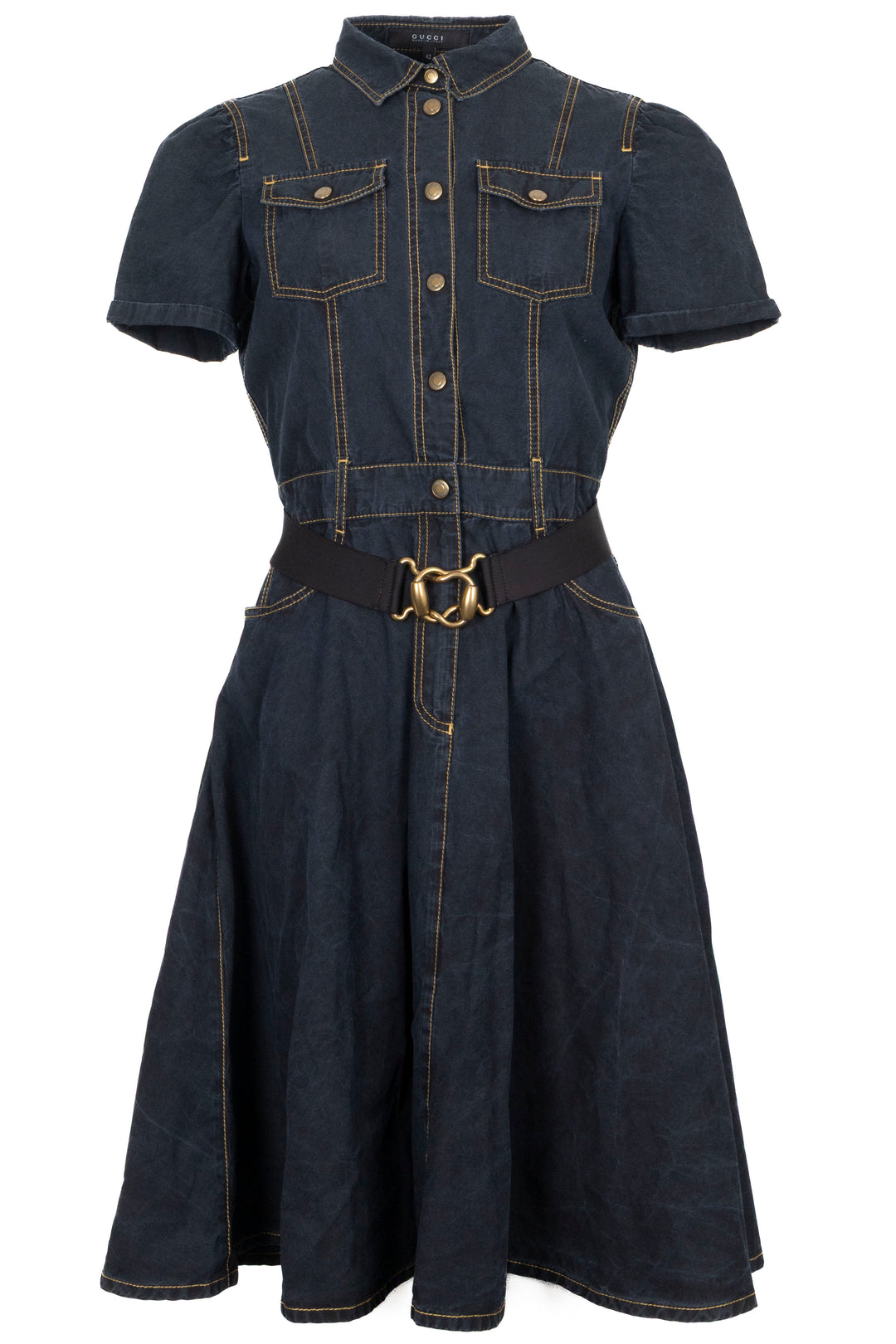 GUCCI Belted Short Sleeve Denim Dress Cotton Navy