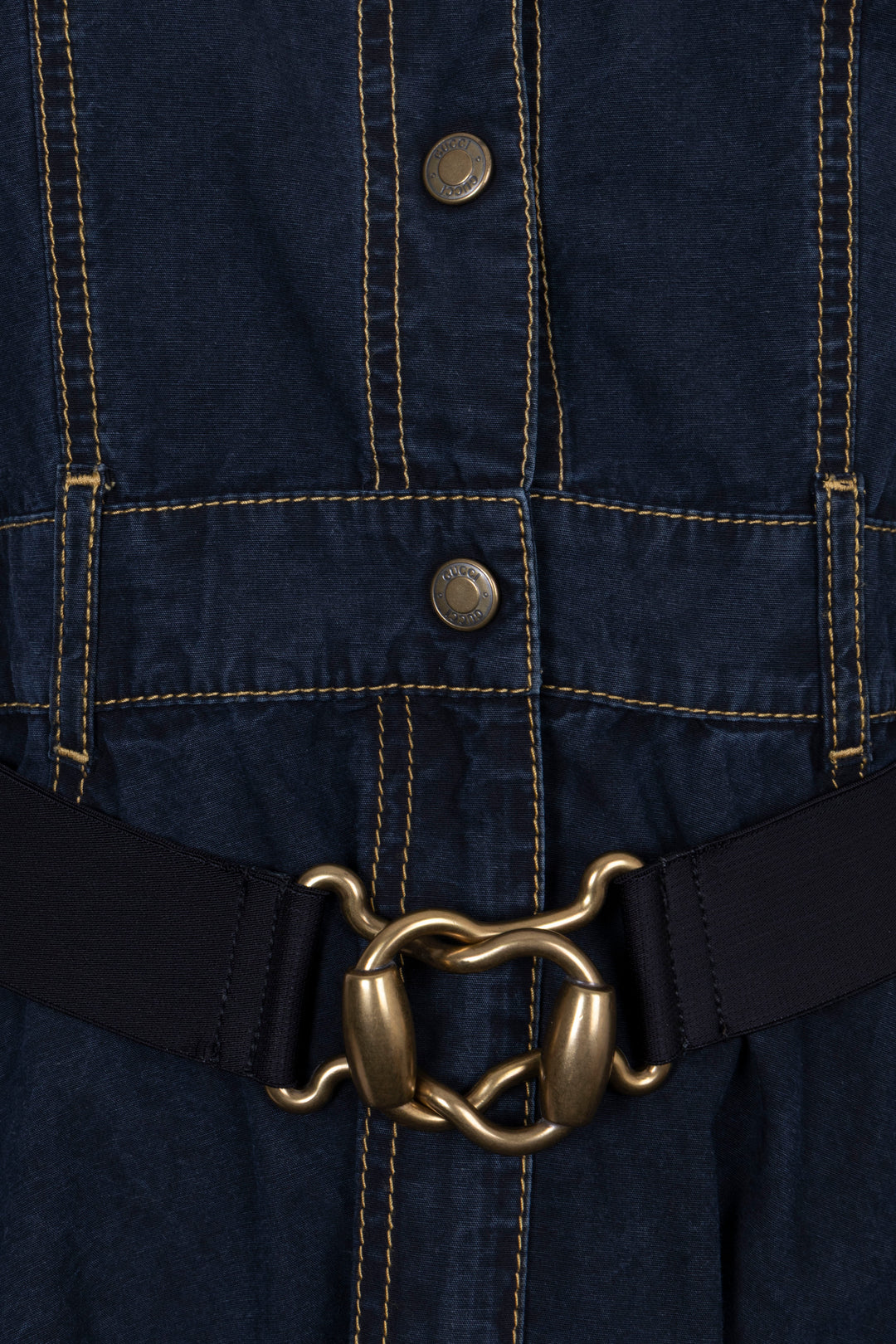 GUCCI Belted Short Sleeve Denim Dress Cotton Navy