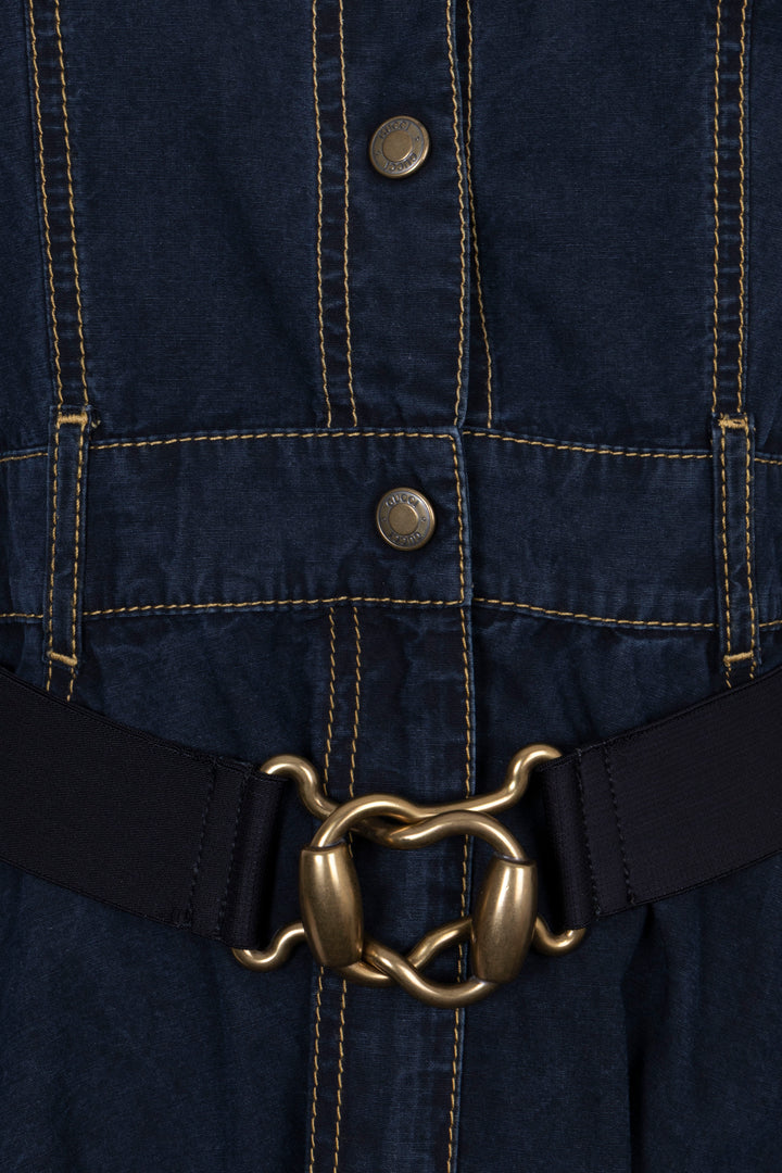 GUCCI Belted Short Sleeve Denim Dress Cotton Navy