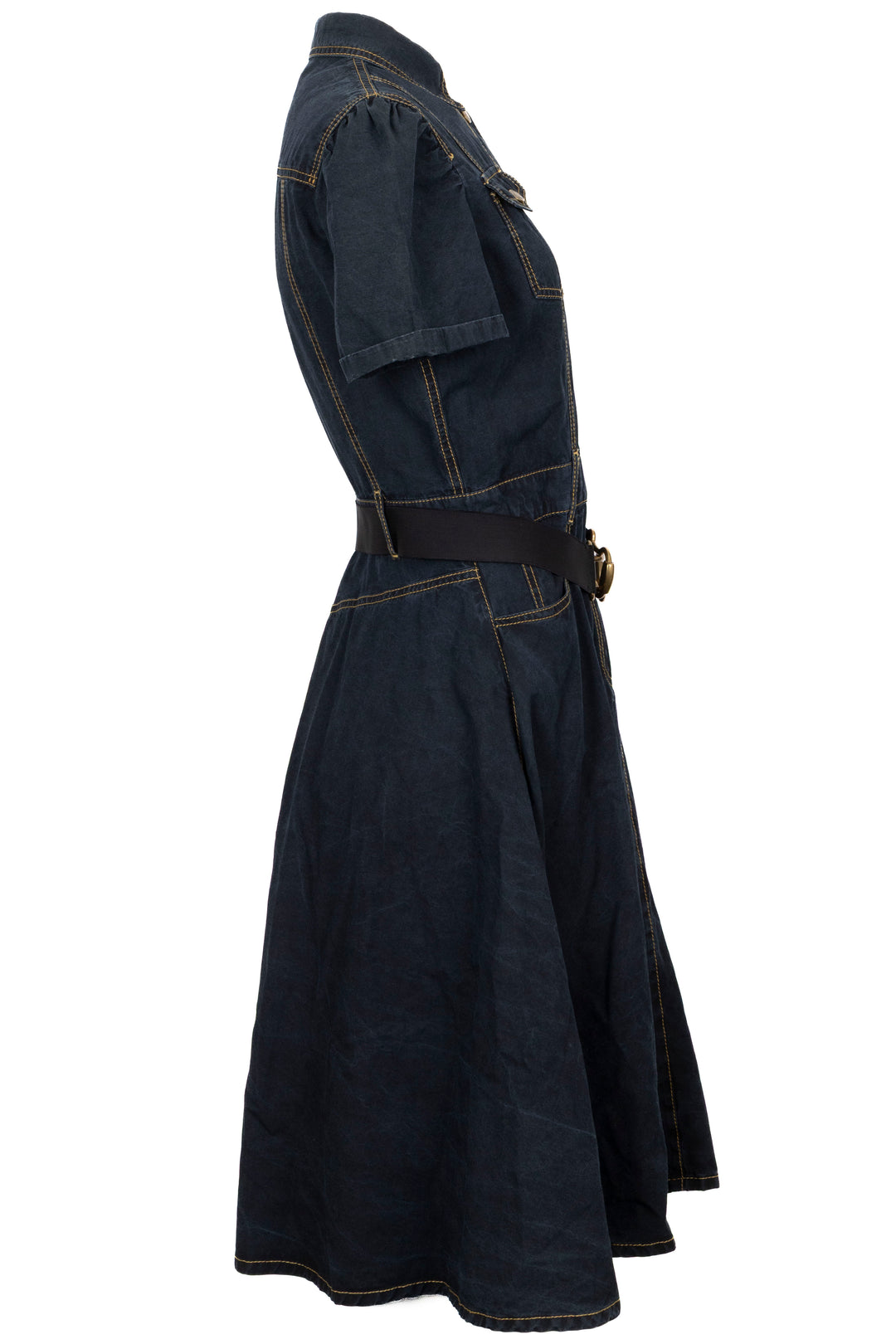 GUCCI Belted Short Sleeve Denim Dress Cotton Navy