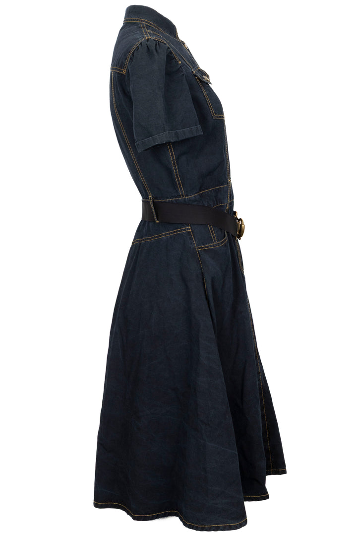 GUCCI Belted Short Sleeve Denim Dress Cotton Navy