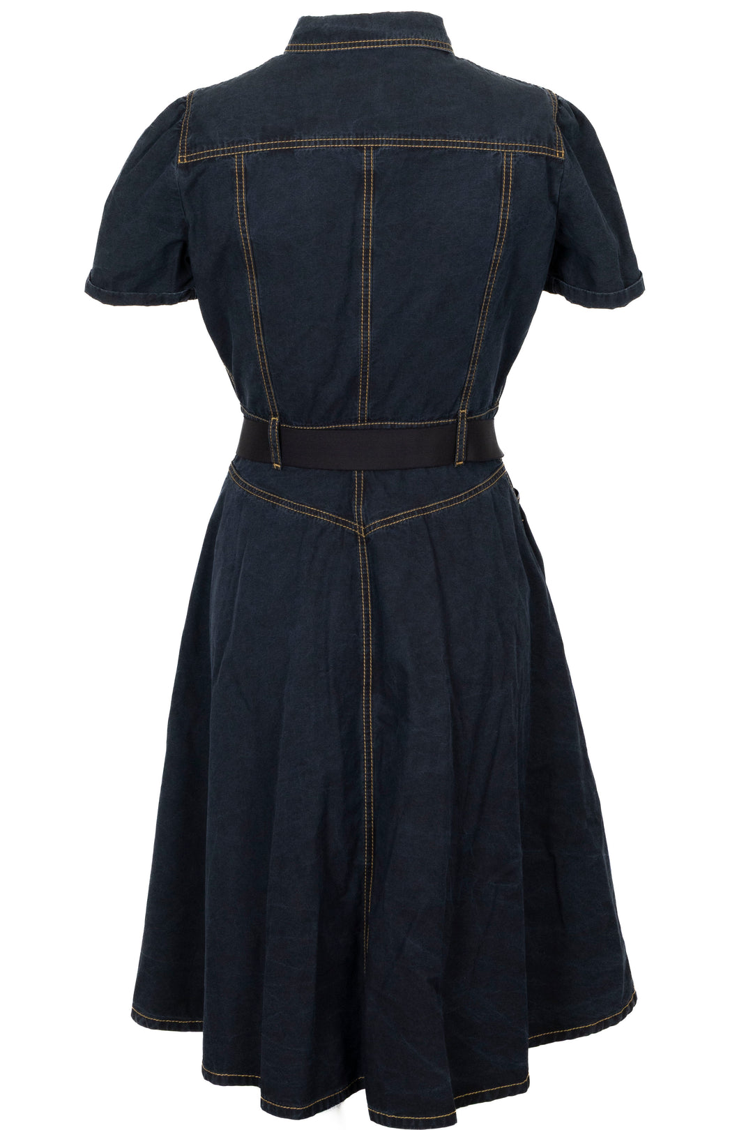 GUCCI Belted Short Sleeve Denim Dress Cotton Navy
