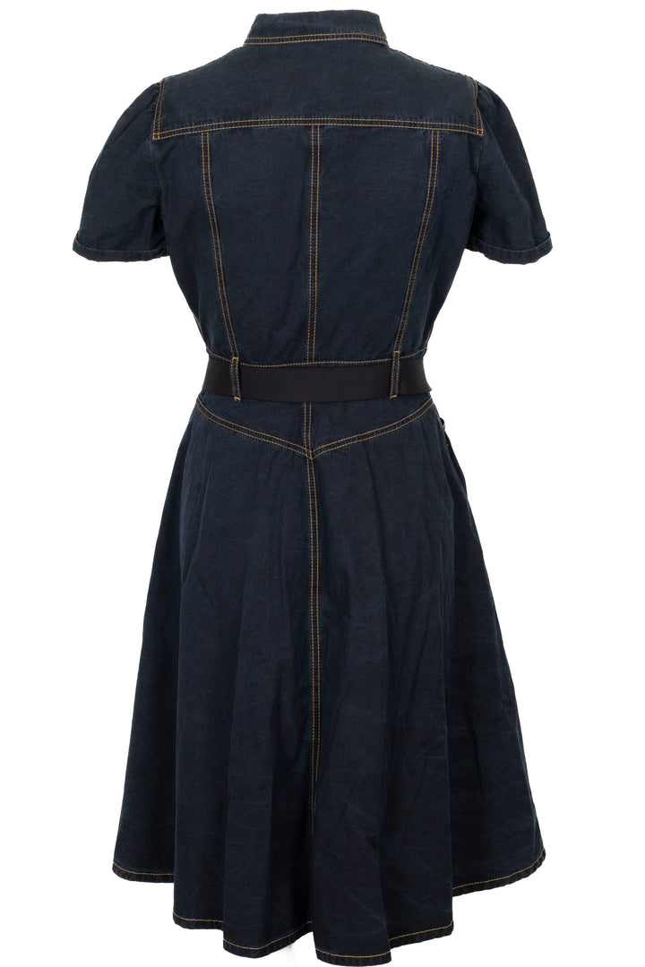 GUCCI Belted Short Sleeve Denim Dress Cotton Navy