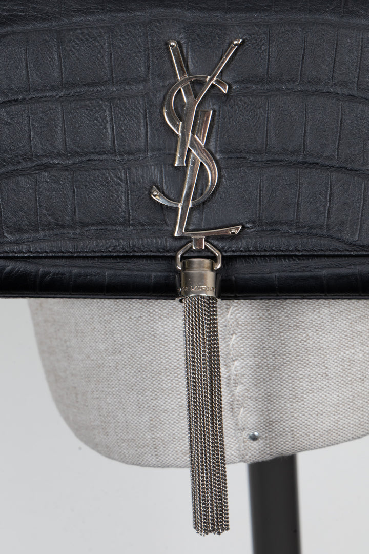 SAINT LAURENT Old Small Kate Tassel Bag Croc Embossed Black