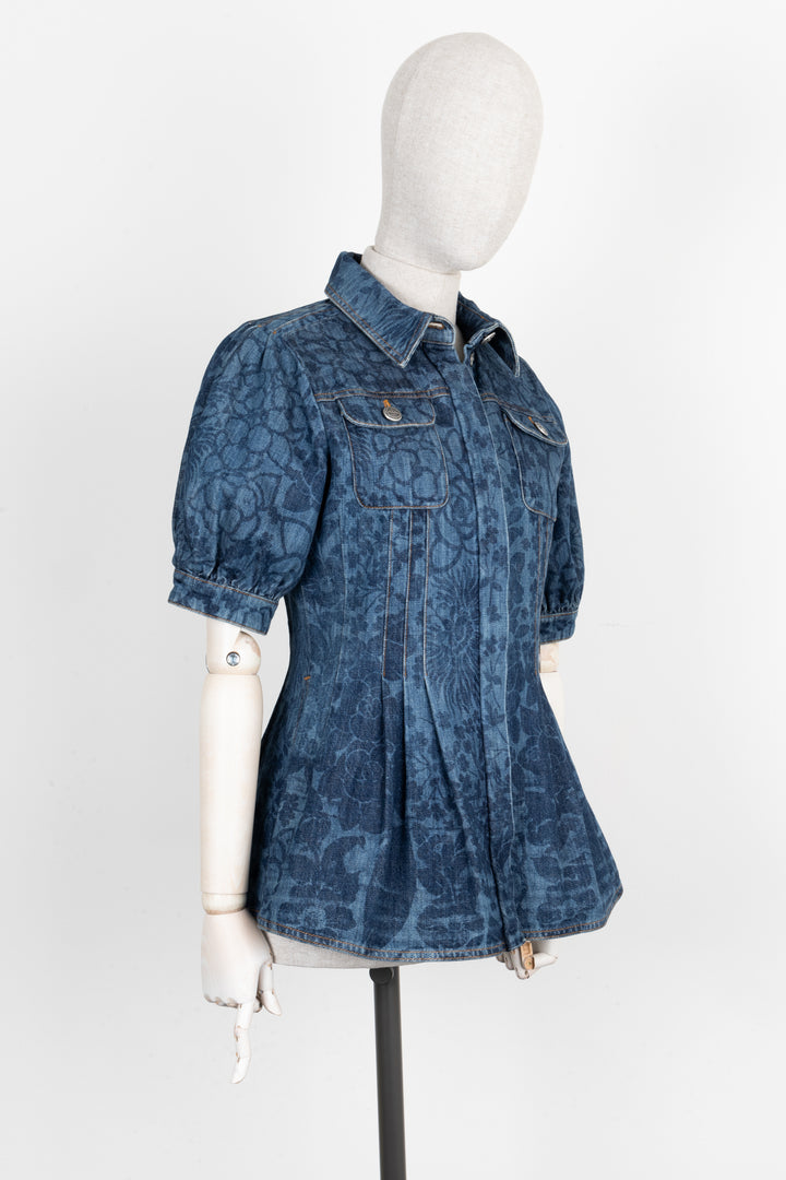 CHANEL Denim Short Sleeve Camellia Print Top Blue