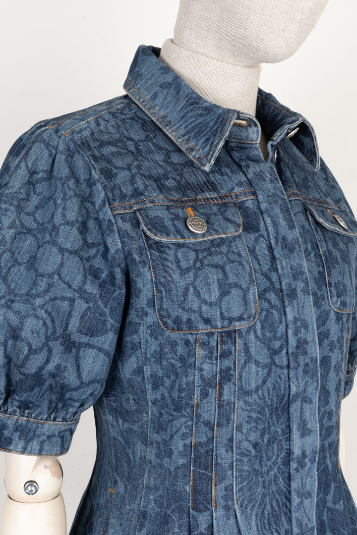 CHANEL Denim Short Sleeve Camellia Print Top Blue