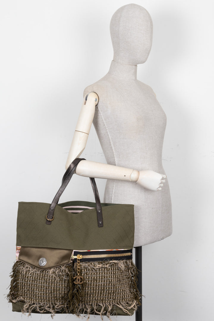 CHANEL Coco Cuba Tote Tweed Canvas Khaki