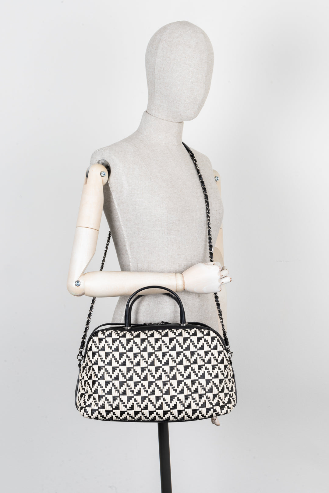 CHANEL Bowling Bag Woven Leather Black White