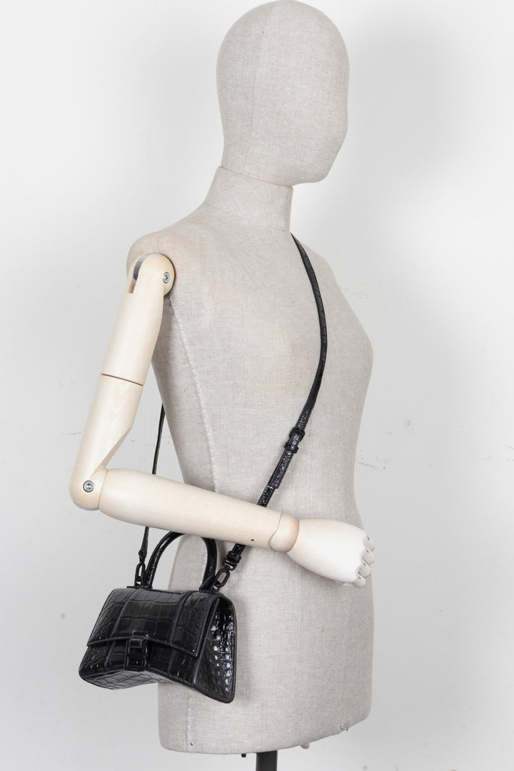 BALENCIAGA Hourglass Handbag XS Croc Embossed Leather Black