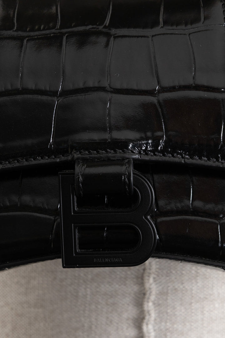 BALENCIAGA Hourglass Handbag XS Croc Embossed Leather Black