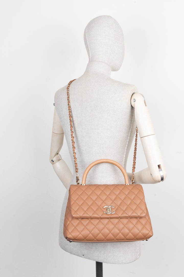 CHANEL Coco Handle Bag Caviar Lizard Beige
