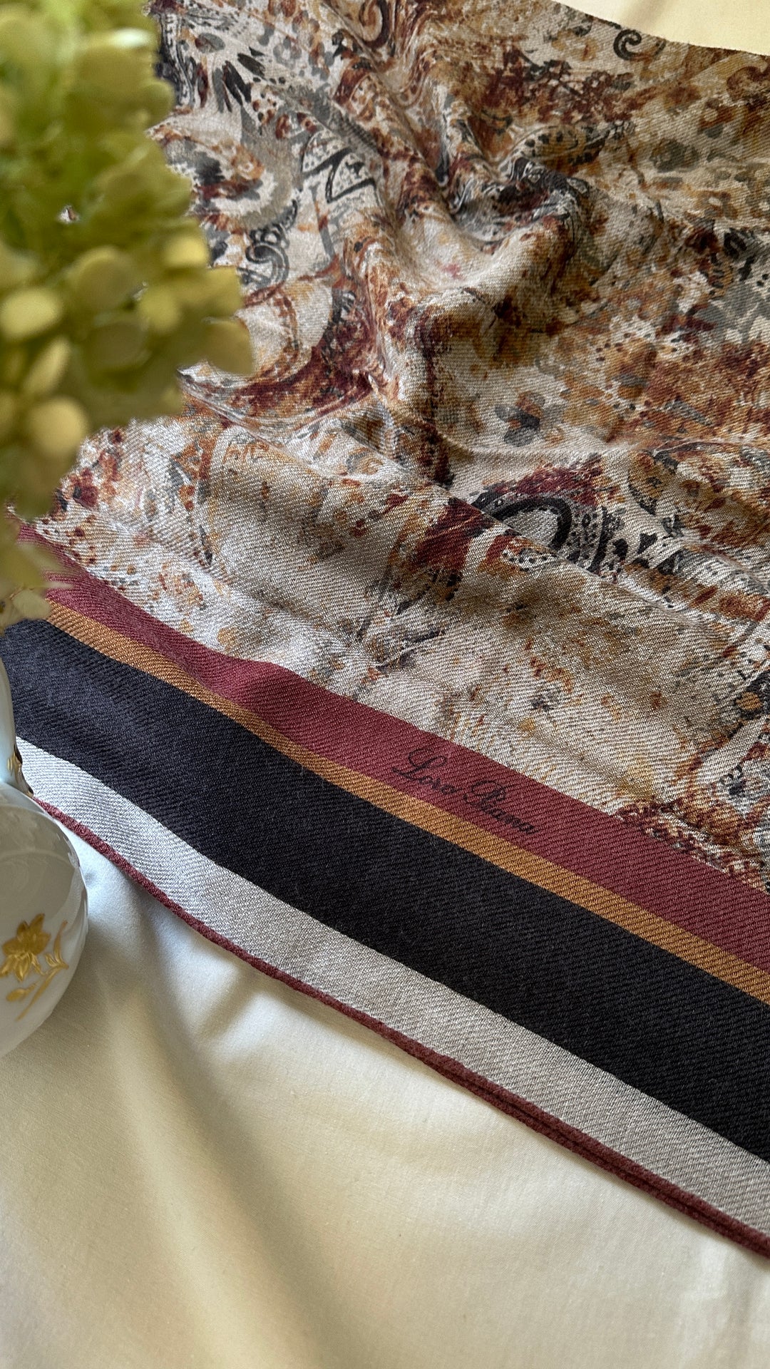 LORO PIANA Paisley Print 140 Scarf Cashmere Brown Sand