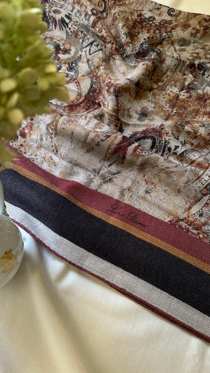 LORO PIANA Paisley Print 140 Scarf Cashmere Brown Sand