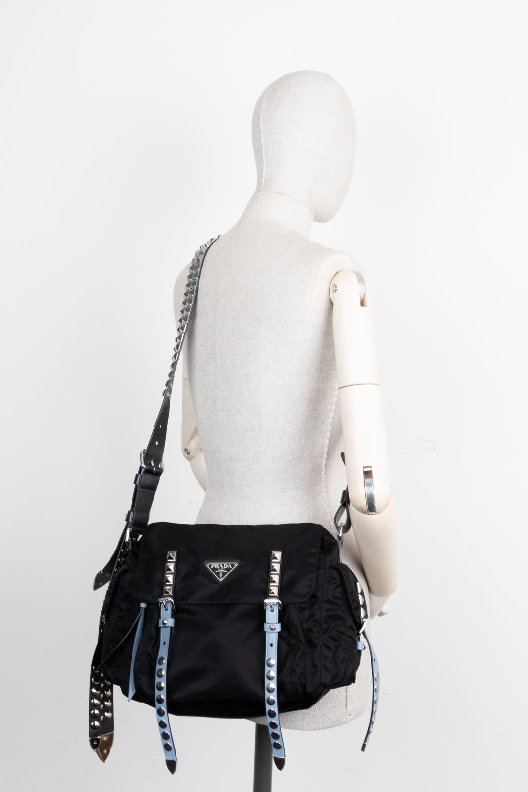PRADA New Vela Studded Crossbody Bag Nylon Black Blue