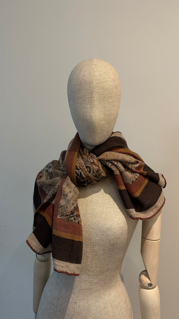 LORO PIANA Paisley Print 140 Scarf Cashmere Brown Sand
