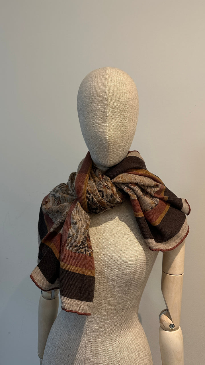 LORO PIANA Paisley Print 140 Scarf Cashmere Brown Sand