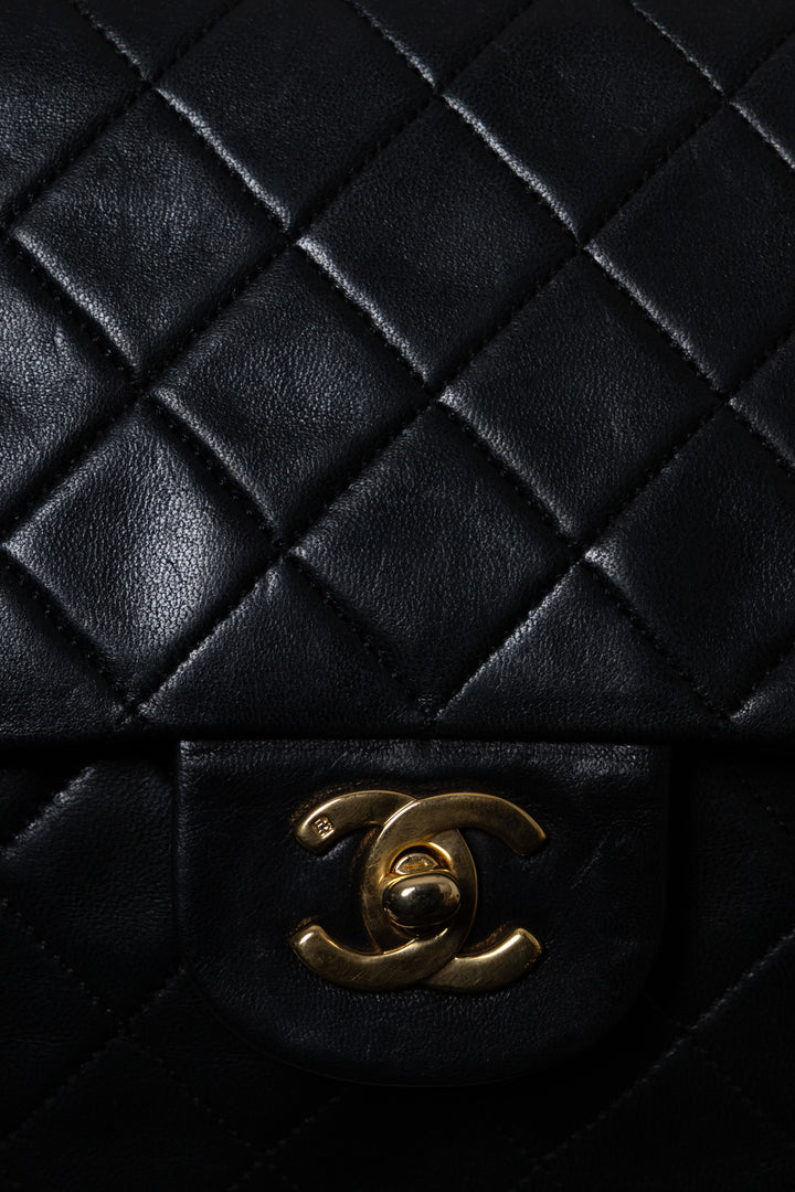 CHANEL Vintage Medium Double Flap Bag Black Gold