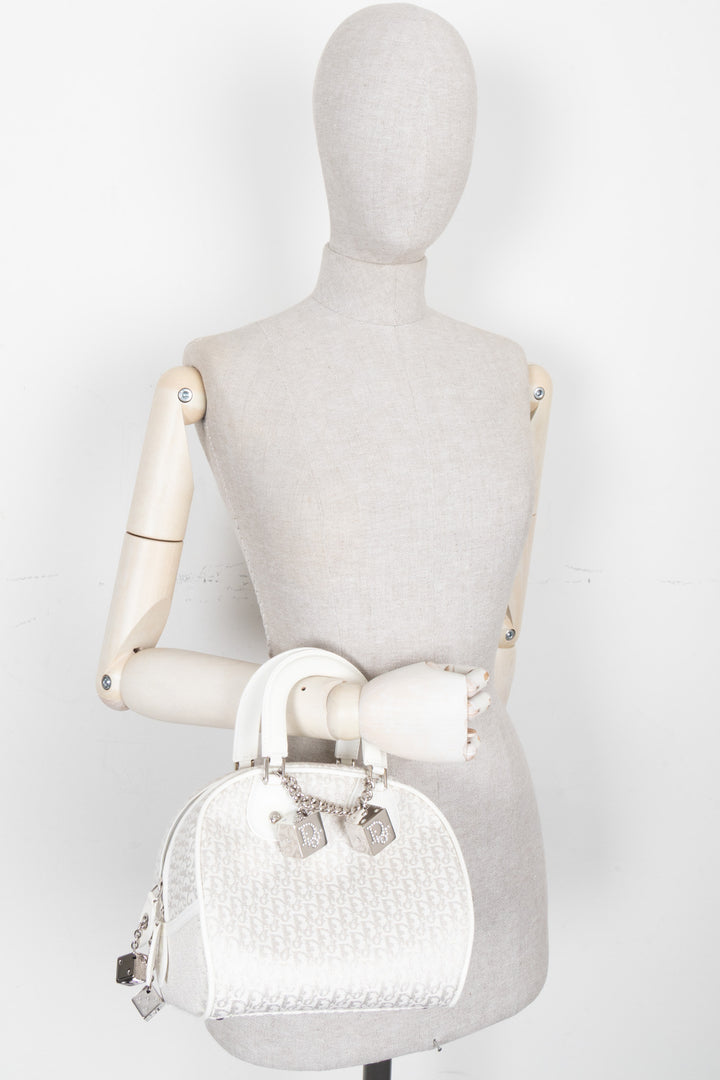 CHRISTIAN DIOR Trotter Gambler Bag Canvas White Silver