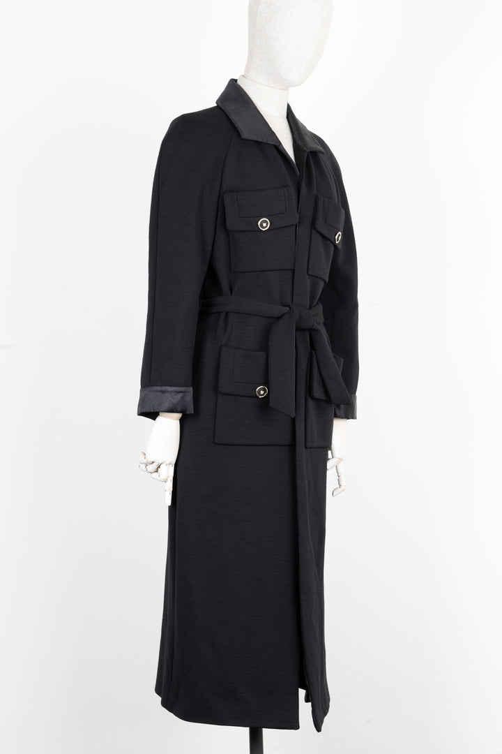 CHANEL Belted Coat Wool Black