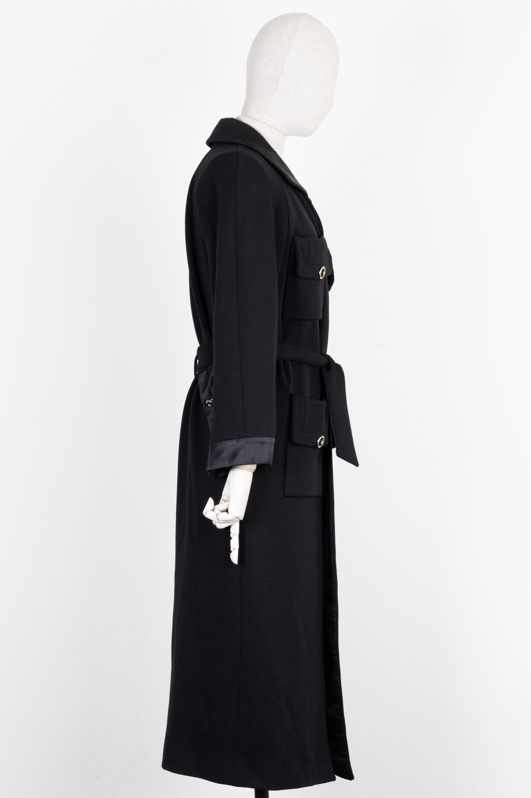 CHANEL Belted Coat Wool Black