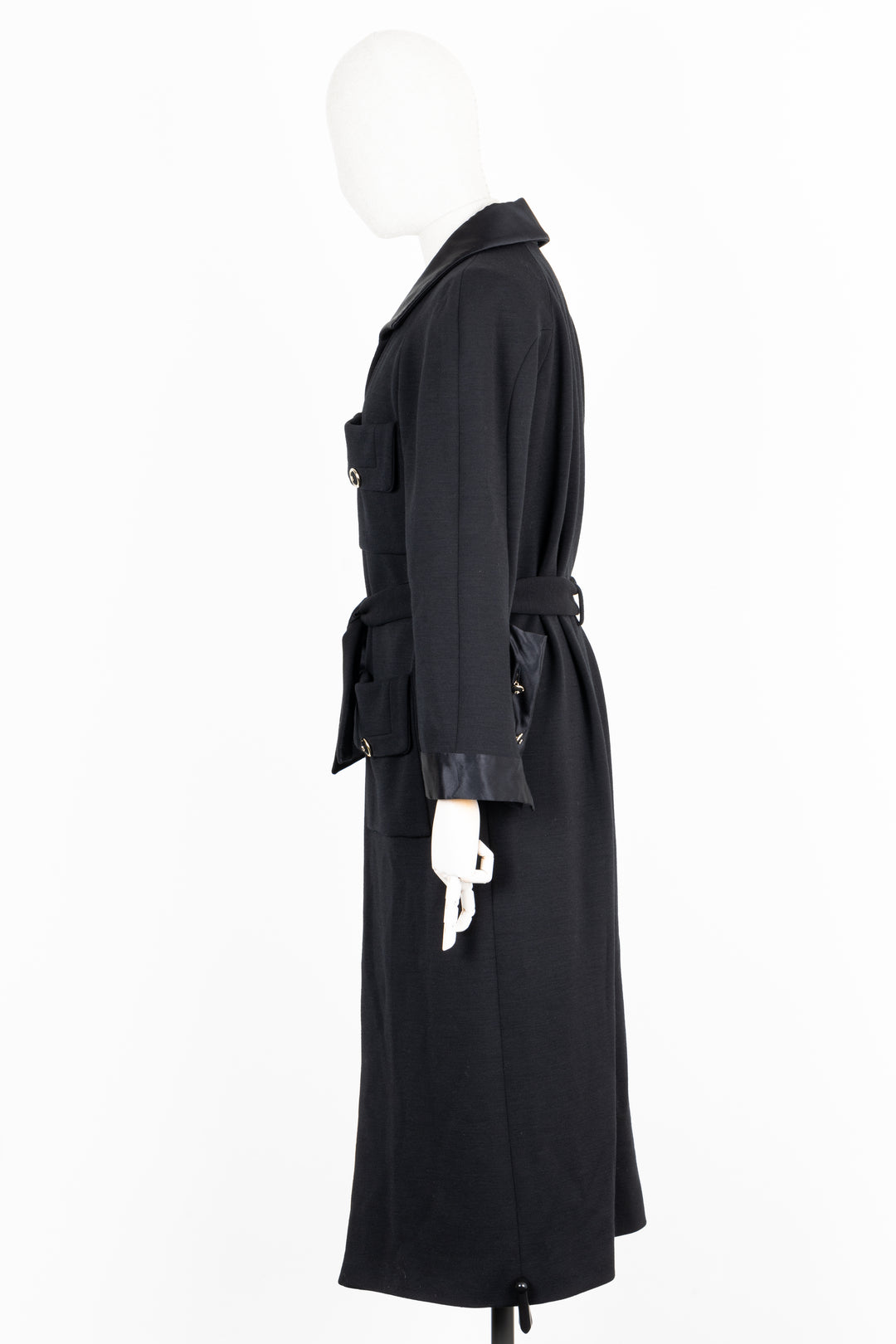 CHANEL Belted Coat Wool Black