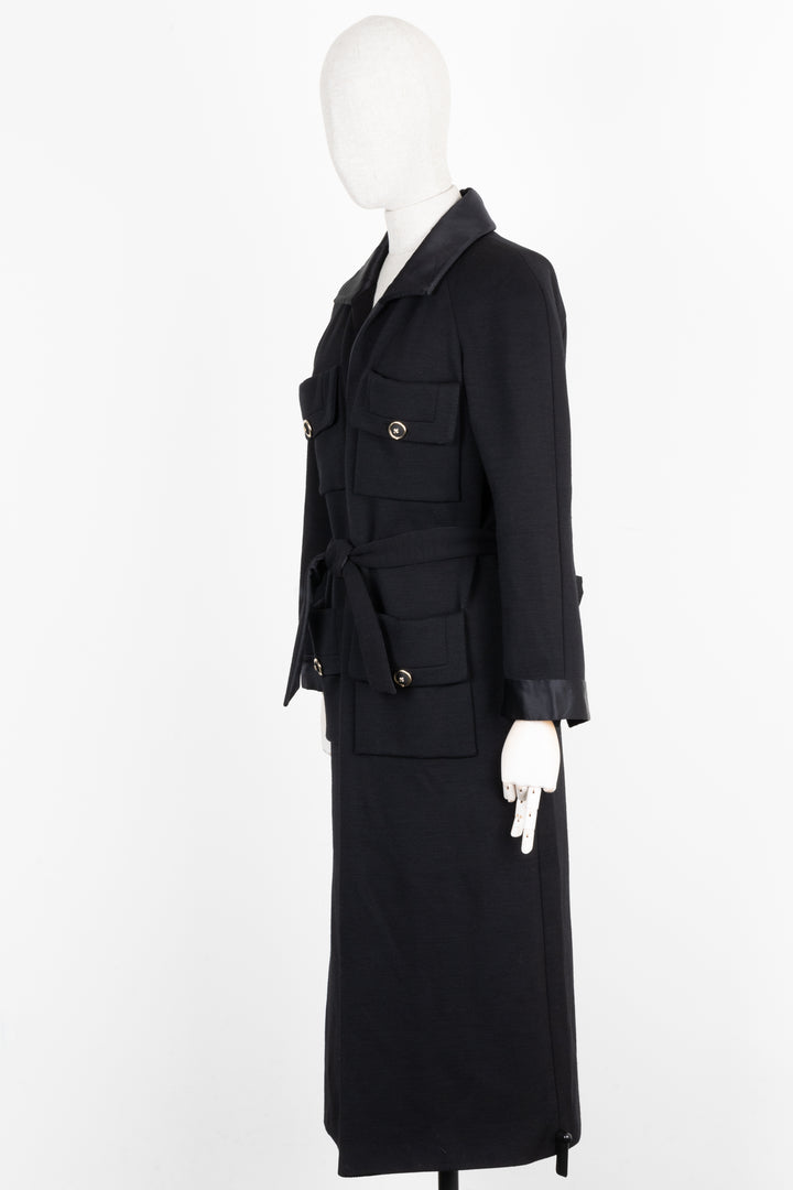 CHANEL Belted Coat Wool Black