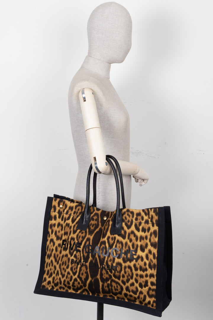 SAINT LAURENT Rive Gauche Tote Bag Canvas Cheetah