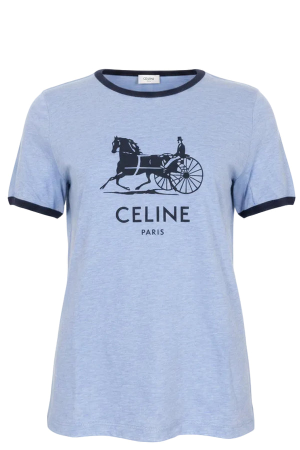 CELINE T-shirt Calèche Logo Coton Bleu