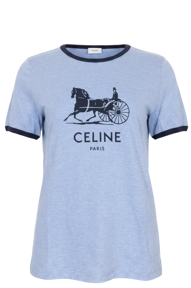 CELINE T-Shirt Calèche Logo Cotton Blue