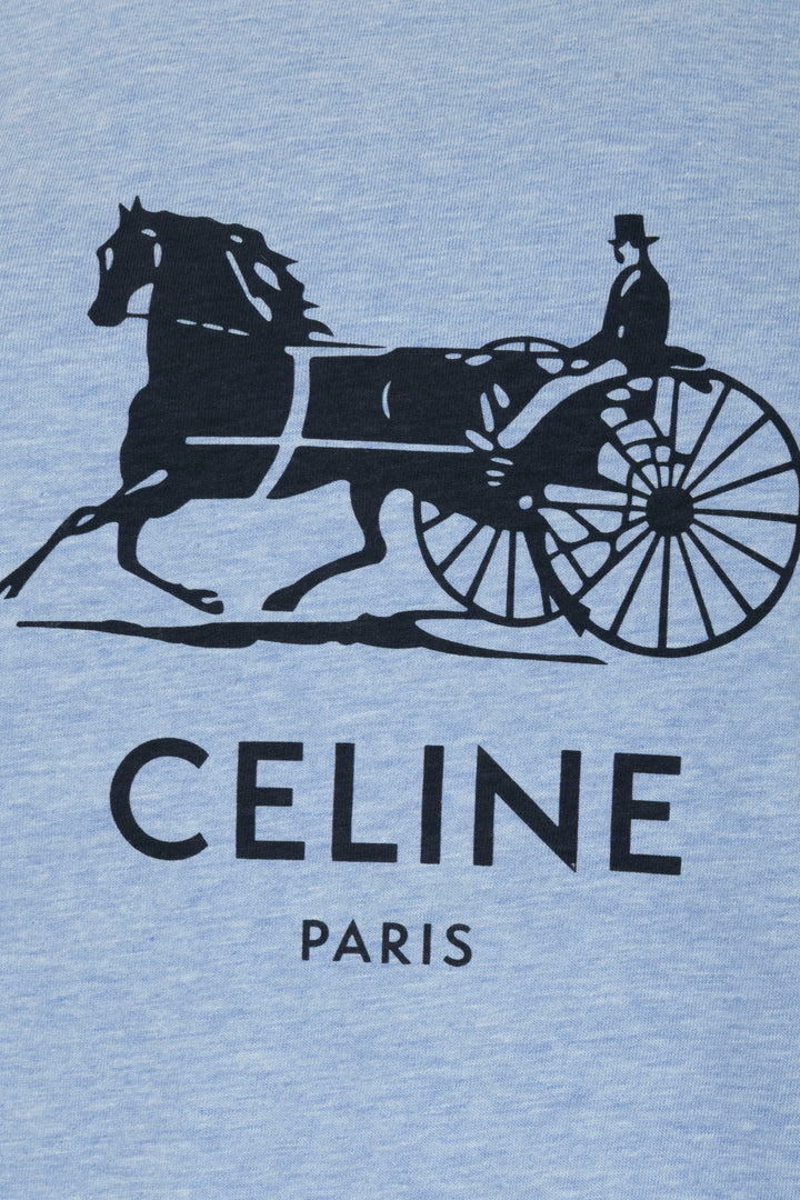 CELINE T-Shirt Calèche Logo Cotton Blue
