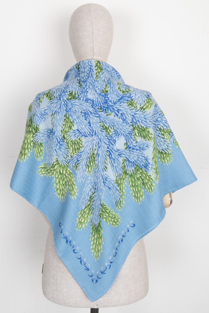 Écharpe HERMÈS à imprimé feuilles 140 cm en cachemire et soie bleu-vert