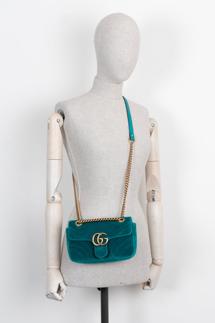 GUCCI GG Marmont Bag Mini Velvet Turquoise
