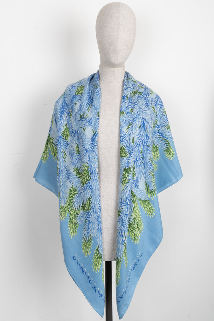 Écharpe HERMÈS à imprimé feuilles 140 cm en cachemire et soie bleu-vert