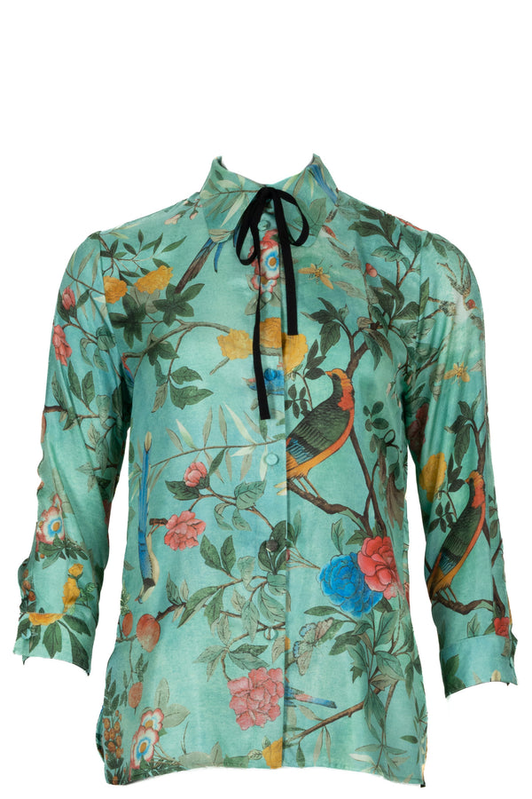 GUCCI Heritage Floral Print Silk Shirt Green