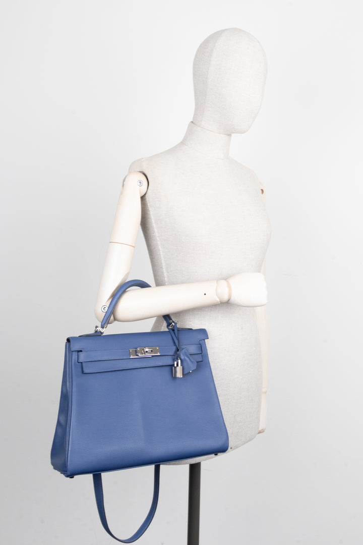 HERMÈS Kelly 32 Retourne Verso Evercolor Bleu Brighton Capucine
