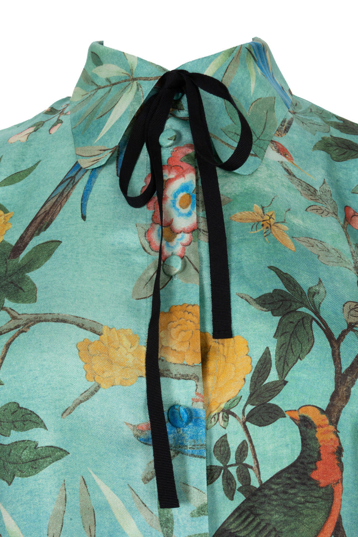 GUCCI Heritage Floral Print Silk Shirt Green