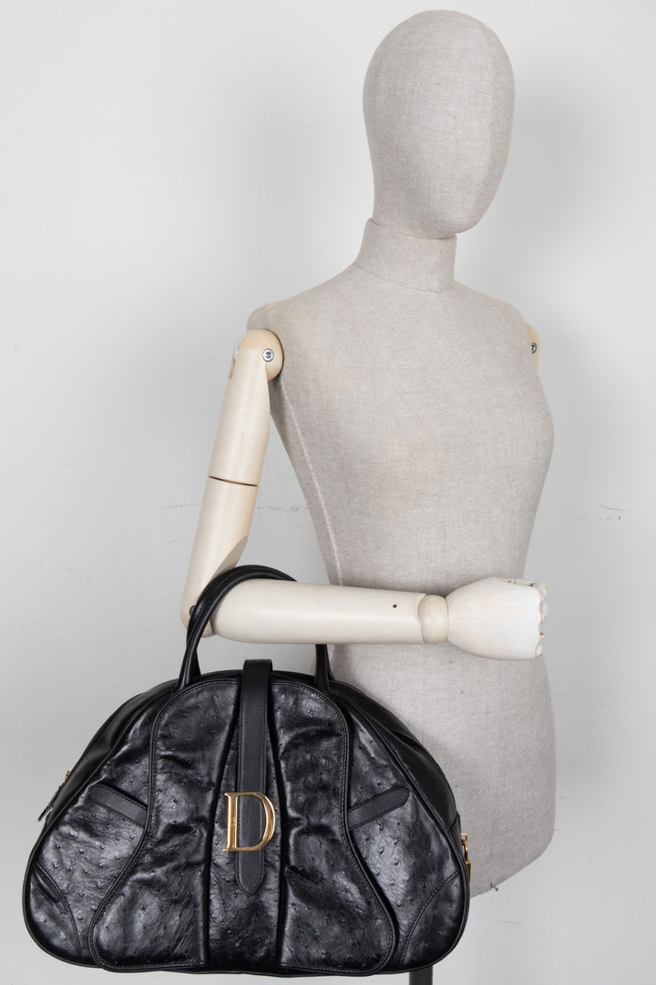 CHRISTIAN DIOR Double Saddle Bowler Bag Ostrich Black