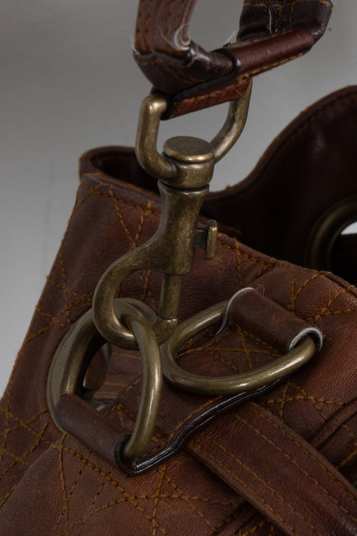 CHRISTIAN DIOR Cannage Drawstring Bucket Bag Leather Brown